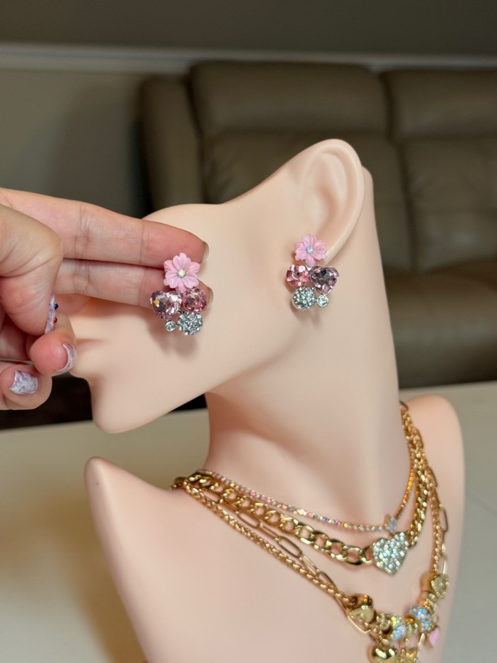 Pink Flower Cluster Crystal Stud Earrings - Picture 9 of 12